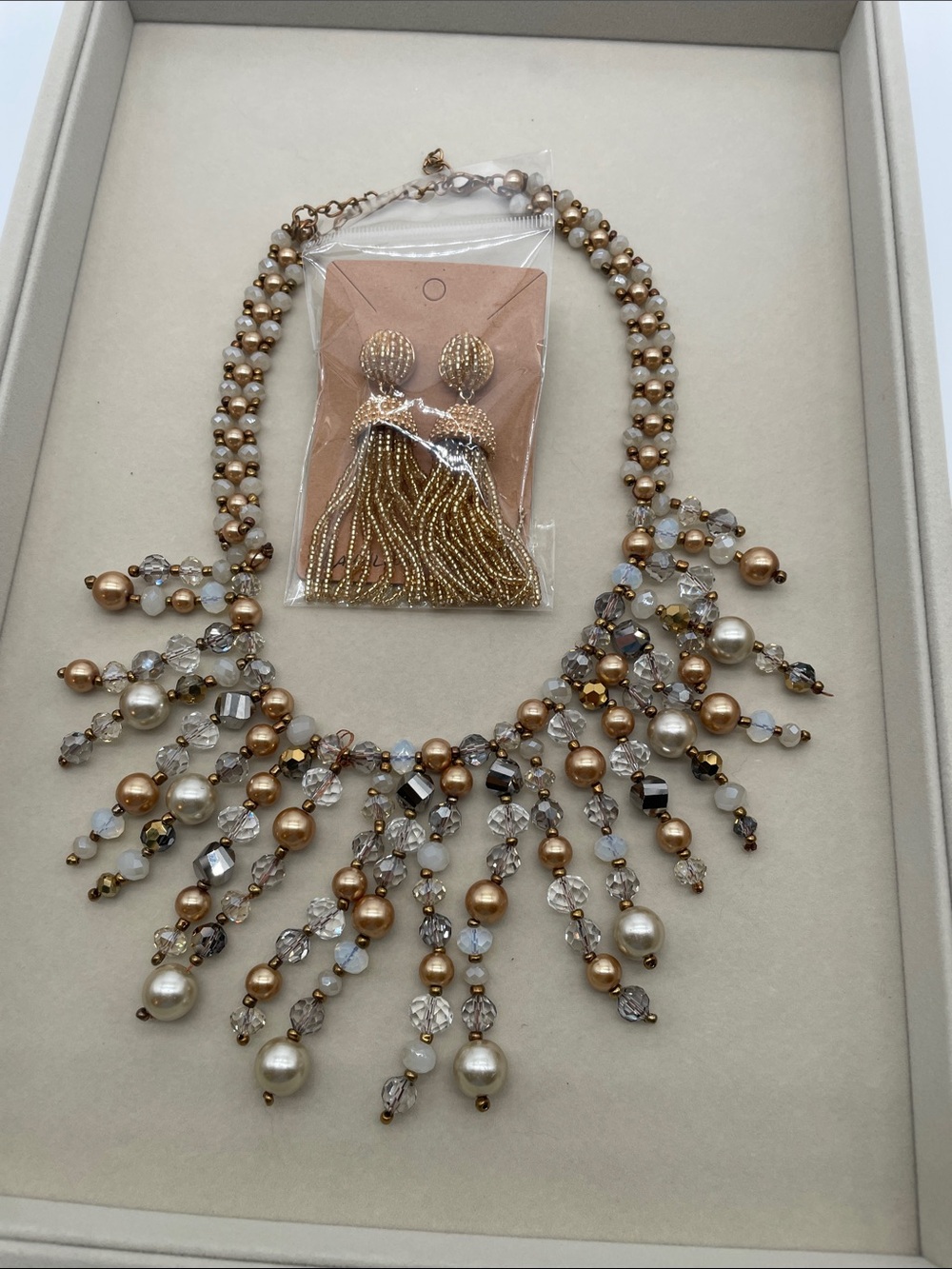 Gold and Faux Pearl Statement Necklace with Bauble Bar Tassel Earrings
